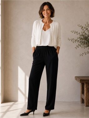 Eileen Fisher 100% Silk Black Straight Leg Pull On Pants Petite Small Minimalist